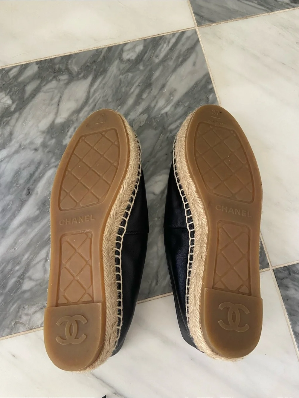 CHANEL Black Leather Espadrille Flats with Interlocking CC
